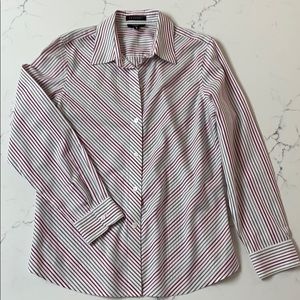 Foxcroft Boyfriend Cotton Shirt - gray, wine & white stripes